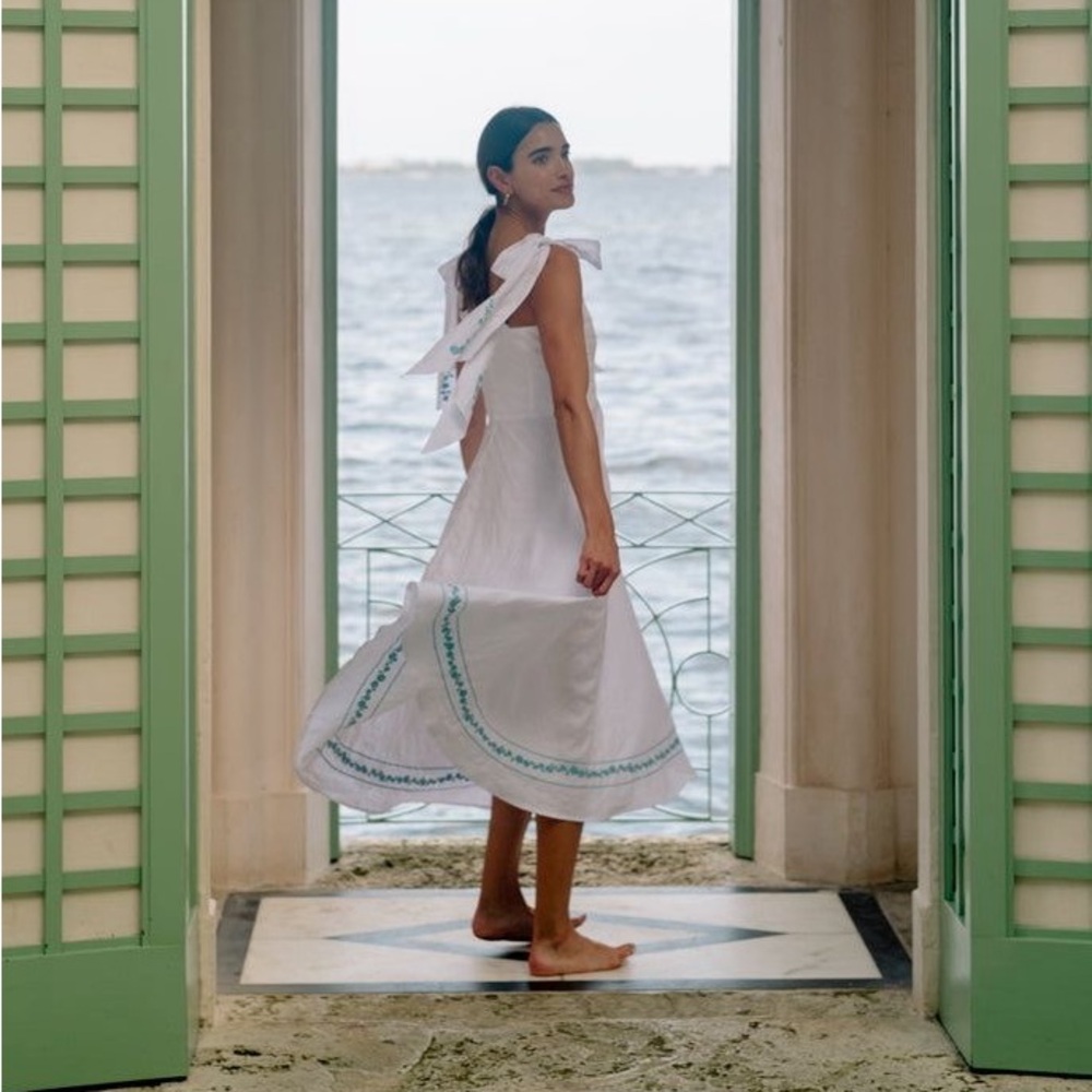 Fanm Mon x Minnow White Linen Dress with Blue Embroidery Medium